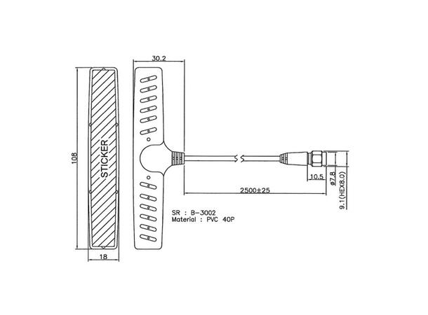 Glassantenne 690-2700MHz 690-2700MHz, 2,5meter kabel, SMA 