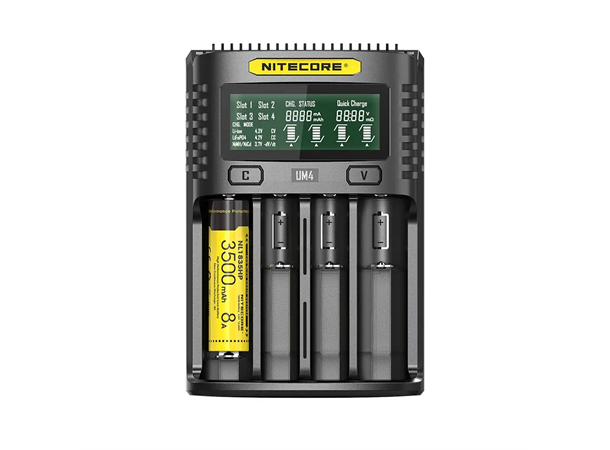 Nitecore UM4 batterilader Lader for fire batteri, USB