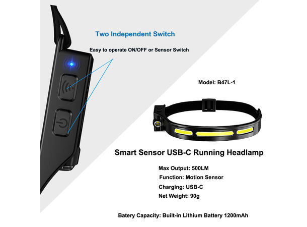 SPERAS B47L1 hodelykt 500 Lumen, 130 meter kastelengde 