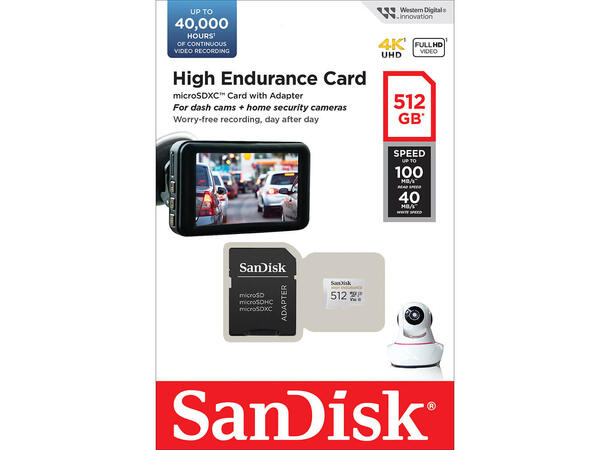 Sandisk High Endurance microSDHC 512GB Class10, høy ytelse, egnet for dashcam