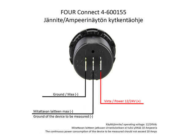 4 CONNECT Voltmeter med Amperemåler Vanntett,12-24V