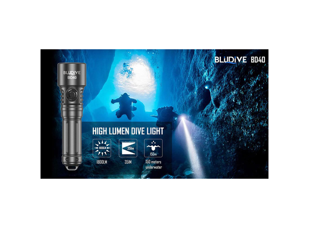 BluDive BD40 lommelykt, Vanntett 1800 Lumen, 351 meter kastelengde 