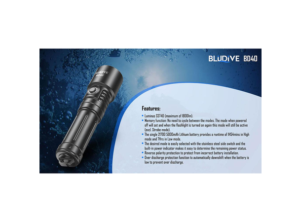 BluDive BD40 lommelykt, Vanntett 1800 Lumen, 351 meter kastelengde 