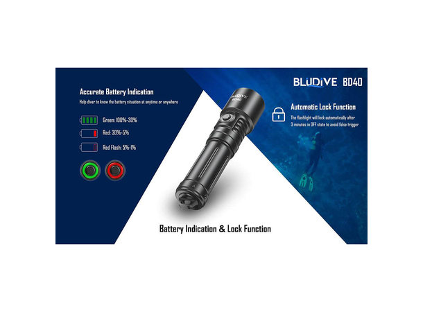 BluDive BD40 lommelykt, Vanntett 1800 Lumen, 351 meter kastelengde 