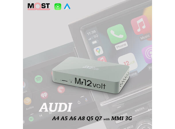 Mr12volt Trådløs CarPlay/Android Auto Audi med MMI 3G/3G+, DSP, OEM Mikrofon 