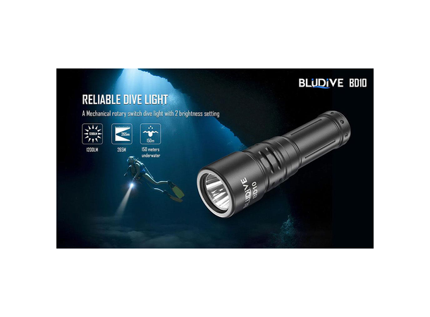 BluDive BD10 lommelykt, Vanntett 1200 Lumen, 265 meter kastelengde 