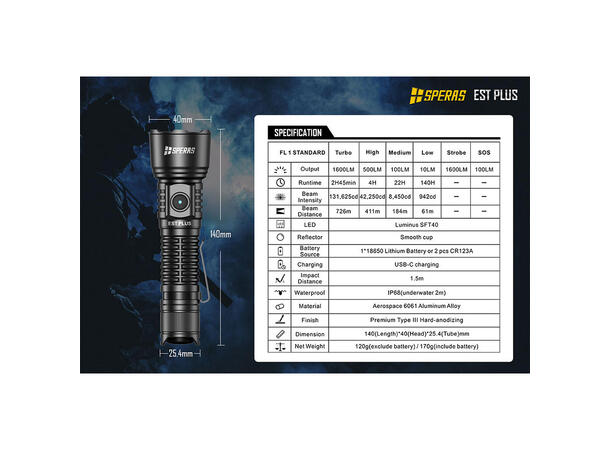SPERAS EST PLUS Lommelykt 1600 Lumen, 726 meter kastelengde 