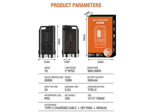 SPERAS V3 Lommelykt/varsellys 900 Lumen, 100 meter kastelengde 