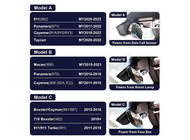 FITCAMX Integrert 4K Dashcam (foran+bak) Porsche (2005 -->) Model C