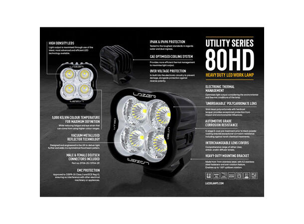 Lazer Utility 80 HD VAR LED arbeidslys 8940 lumen, CISPR25, Justerbar lysstyrke 