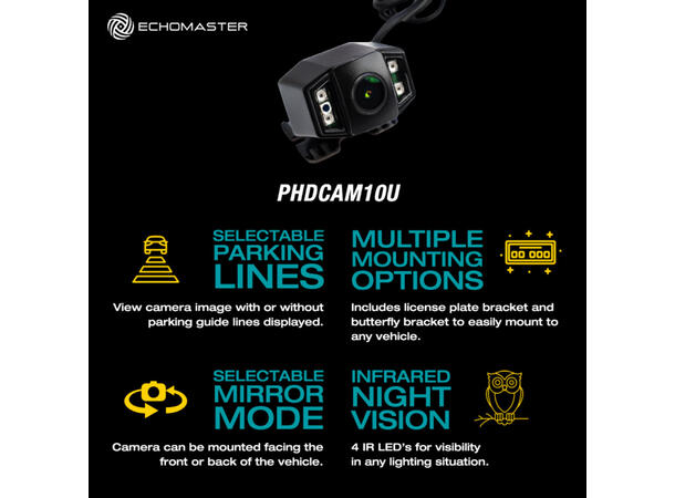 Echomaster PHDCAM10U Front/Ryggekamera Universalt. 7m kabel, Infrarød nattsyn 