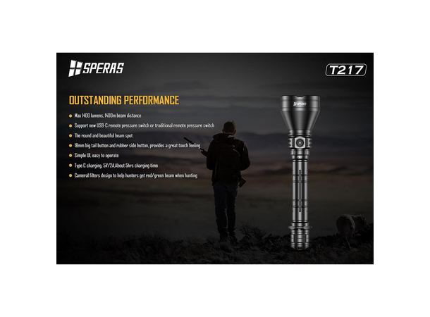 Speras T217 lommelykt i praktisk koffert 1400 Lumen, 1400 meter kastelengde 