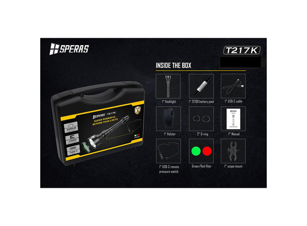 Speras T217 lommelykt i praktisk koffert 1400 Lumen, 1400 meter kastelengde 