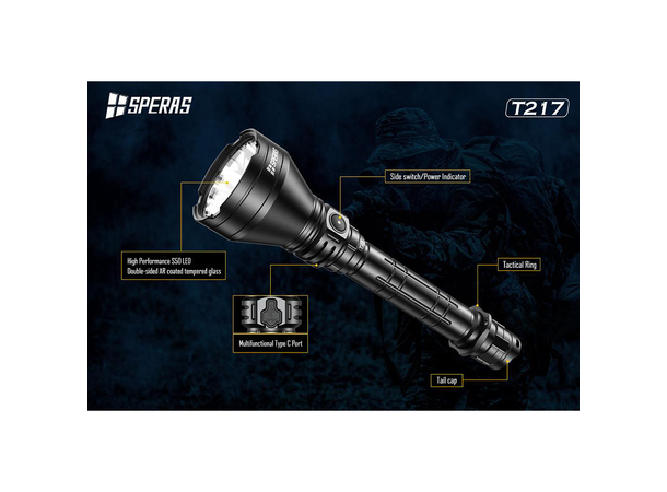 Speras T217 lommelykt i praktisk koffert 1400 Lumen, 1400 meter kastelengde 