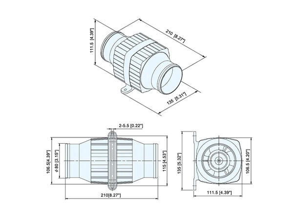 TMC Inline vifte 3", 80mm dimensjon, 12V, 4,5A, 3300l/min 