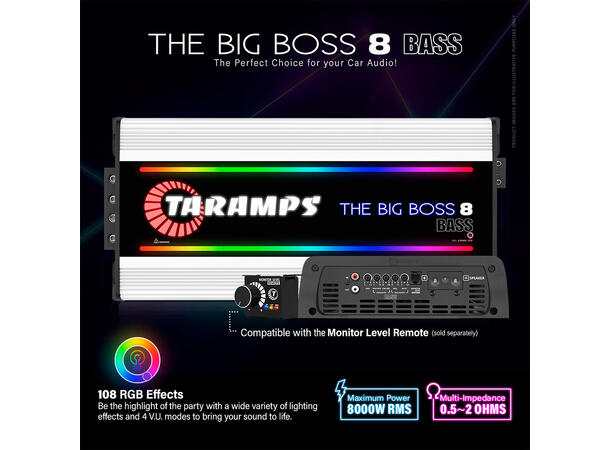 Taramps The Big Boss 8 Bass monoforst. 8000W RMS, 0.5-2 Ohm, RGB, Hvit 