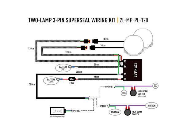 Lazer relèsett/kabelsett, 2 kontakter Superseal (3-pins) , Mid Power m/pos.lys 