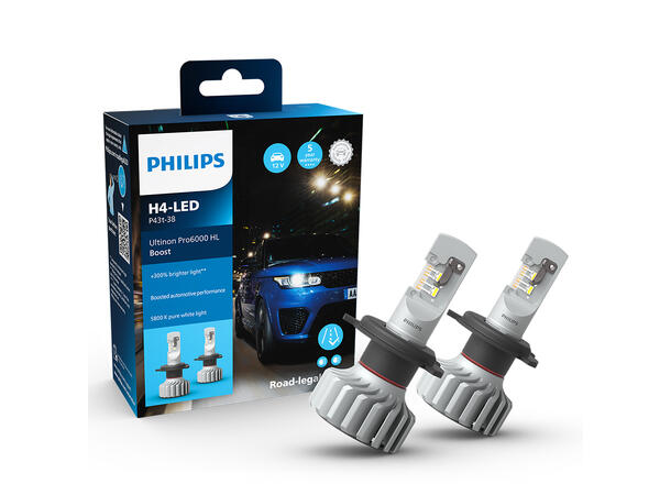 Philips H4 Ultinon Pro6000 Boost LED LED, H4, Godkjent LED pære, 2stk 