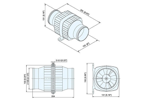 TMC Inline vifte 4", 105mm, 12V, 10A, 6500l/min 