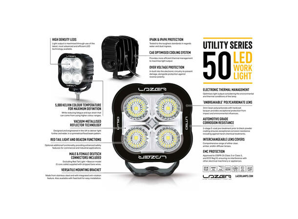 Lazer Utility 50 Red Tail Light 5000 lumen, 50W, med rødt posisjonslys 