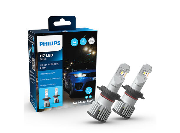 Philips H7 Ultinon Pro6000 Boost LED LED, H7, Godkjent LED pære, 2stk 
