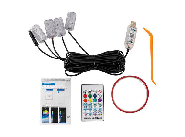 LED RGB Interiørlyssett USB tilkobling, 4 lysenheter 