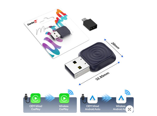 Carlinkit Apple Carplay/Android Auto Kablet-til-trådløs adapter 