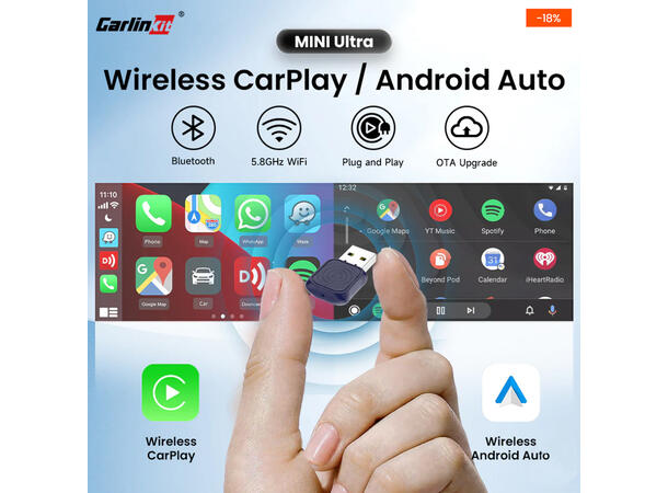 Carlinkit Apple Carplay/Android Auto Kablet-til-trådløs adapter 