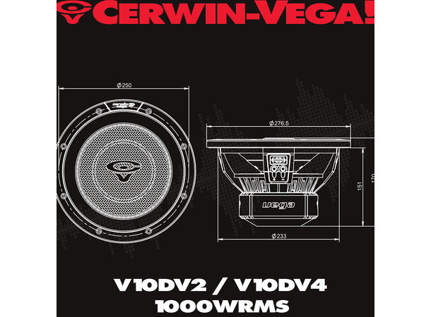 Cerwin Vega V10DV2 10" subwoofer 2x2 Ohm, 1000W RMS, VEGA 2025 Edition 