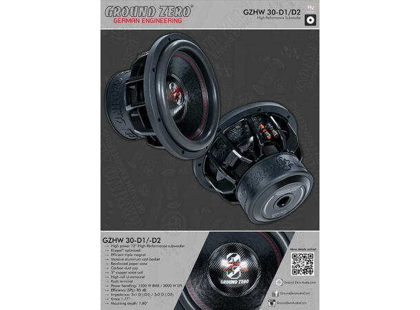 Ground Zero GZHW 30-D1 12" subwoofer 1500W, 3000W SPL, 2x1 Ohm, KLIPPEL 