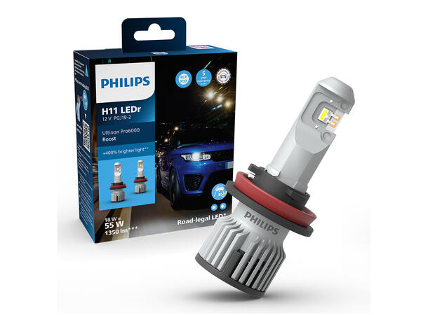 Philips H11 Ultinon Pro6000 Boost LED LED, H11, Godkjent LED pære, 2stk 