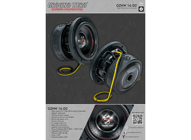 Ground Zero GZHW 16-D2 6,5" subwoofer 500W RMS, 1000W SPL, 2x2 Ohm, KLIPPEL 