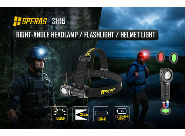 SPERAS SH16 hodelykt 1650lm, 355 meter kastelengde 