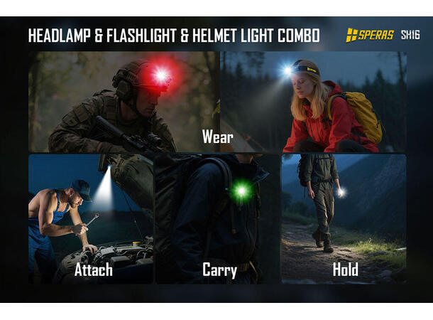 SPERAS SH16 hodelykt 1650lm, 355 meter kastelengde 