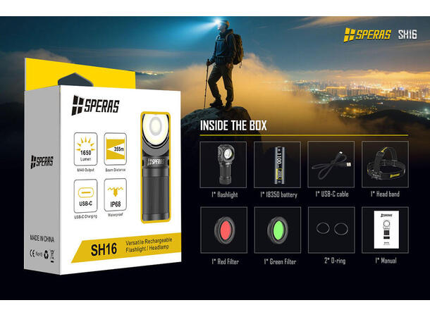 SPERAS SH16 hodelykt 1650lm, 355 meter kastelengde 
