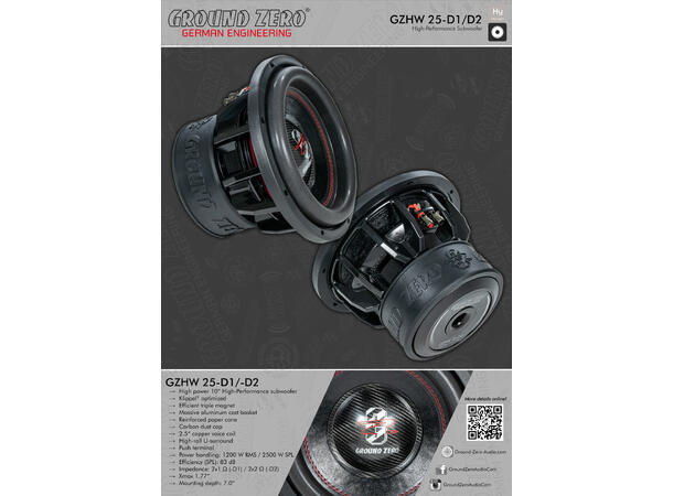 Ground Zero GZHW 25-D2 10" subwoofer 1200W, 2500W SPL, 2x2 Ohm, KLIPPEL 