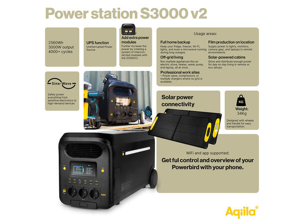 Aqiila Powerbird S3000v2 Kraftstasjon, 2560Wh 