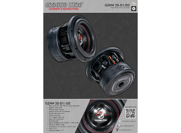 Ground Zero GZHW 20-D1 8" subwoofer 700W, 1500W SPL, 2x1 Ohm, KLIPPEL 