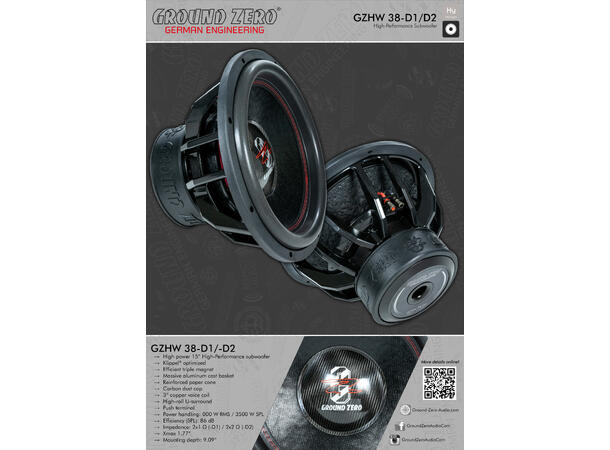 Ground Zero GZHW 38-D1 15" subwoofer 2000W, 3500W SPL, 2x1 Ohm, KLIPPEL 