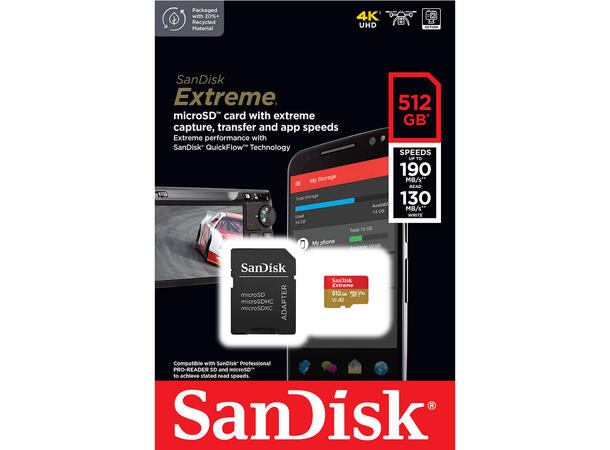 Sandisk Extreme microSDXC™ 512GB Class10, høy ytelse, egnet for dashcam 