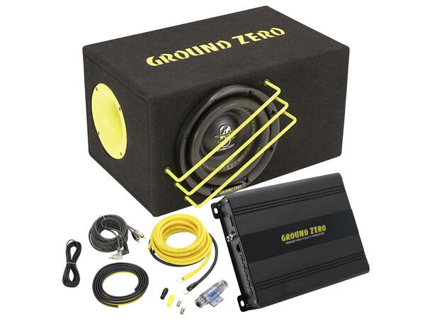Ground Zero basspakke 8" sub i kasse, forsterker, kabelsett 