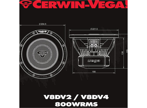 Cerwin Vega V8DV2 8" subwoofer 2x2 Ohm, 800W RMS, VEGA 2025 Edition 