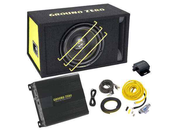 Ground Zero basspakke 12" basskasse, forsterker, kabelsett 