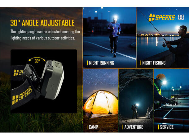 SPERAS B8 hodelykt 700lm, 70 meter kastelengde 