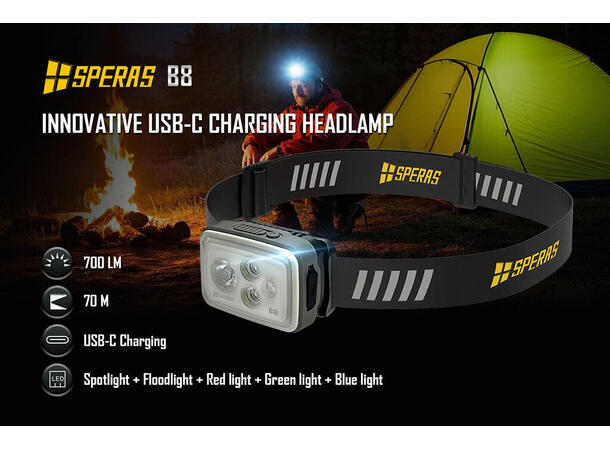 SPERAS B8 hodelykt 700lm, 70 meter kastelengde 