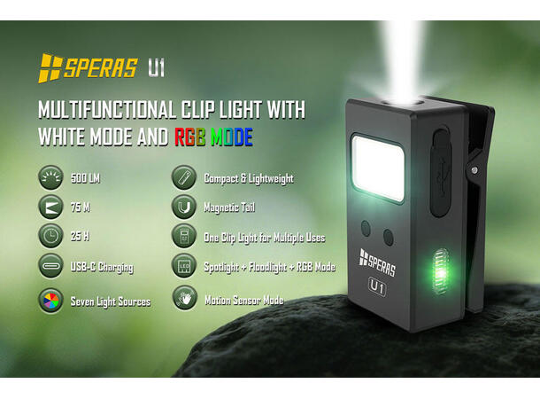 Speras U1 lommelykt/arbeidslys/leselys 500 Lumen, 75 meter kastelengde 