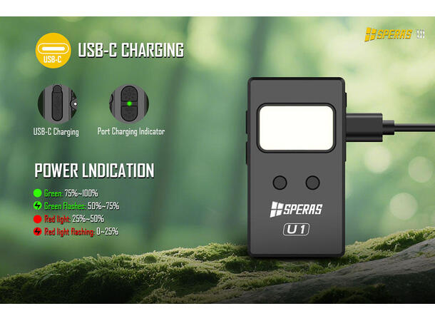 Speras U1 lommelykt/arbeidslys/leselys 500 Lumen, 75 meter kastelengde 