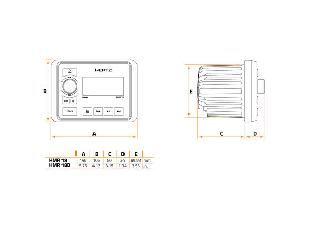Hertz HMR18D DAB+ marineradio Vanntett, DAB+, BT, USB, AUX 