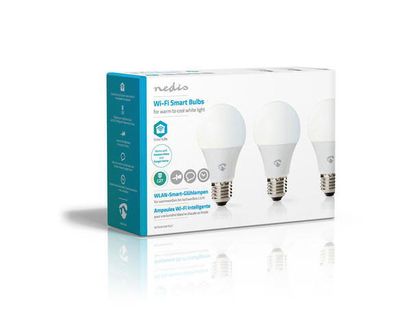 Nedis SmartLife LED-lyspære - 3pk Varmhvit og kaldhvit, E27, WIFI