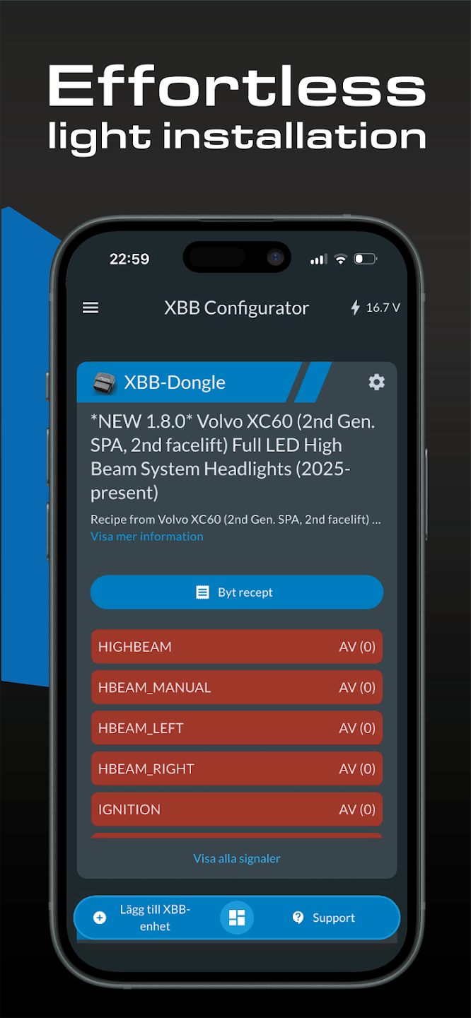 Signaloversikt med HIGHBEAM og IGNITION i XBB Configurator